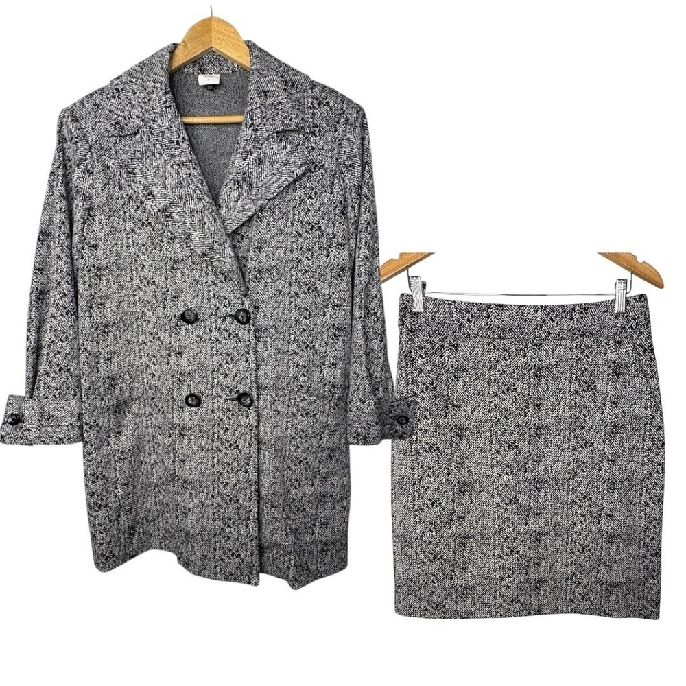 Cabi Skirt Suit Women Medium Black White Herringbone Knit Double Breasted Blazer